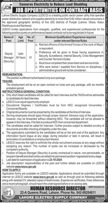 Lahore Electric Supply Company LESCO Jobs 2024 – Lahore Electric Supply Company LESCO Lahore Jobs 2024 — original advertisement