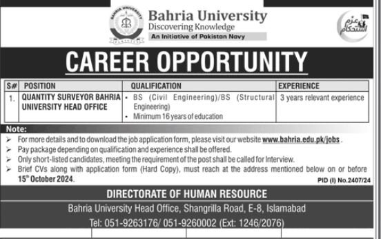 Bahria University Islamabad Campus Jobs 2024 Jobs 2024 — original advertisement