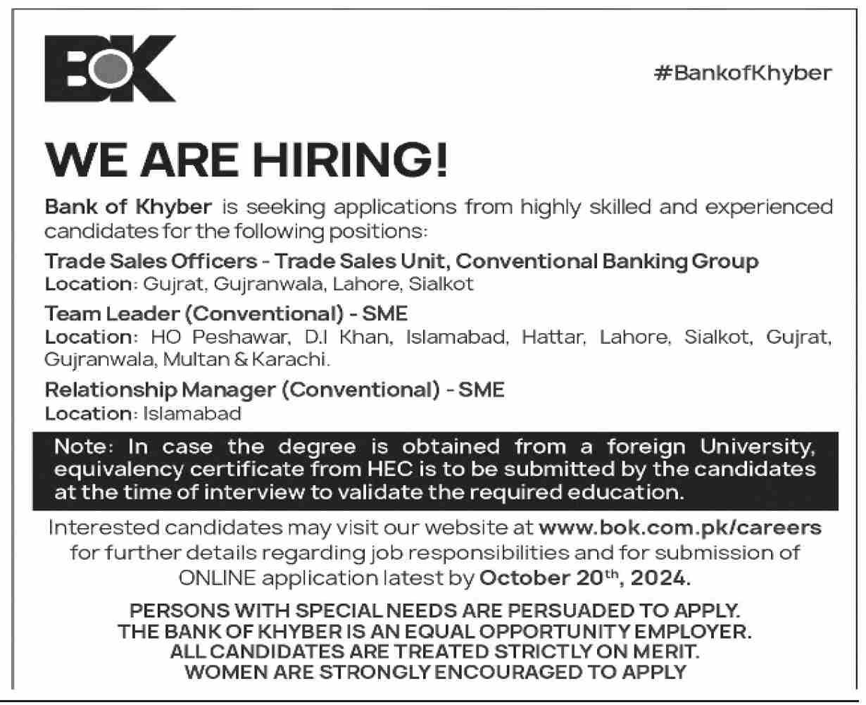 Bank of Khyber BOK Peshawar Jobs 2024 Jobs 2024 — original advertisement