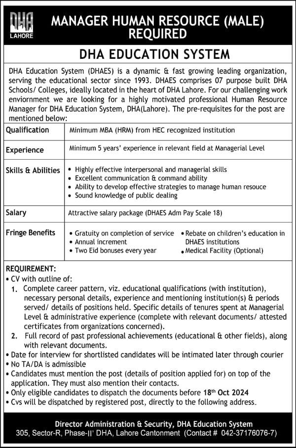 Dha Education System Dhaes Jobs 2024 – Defence Housing Authority Jobs 2024 — original advertisement