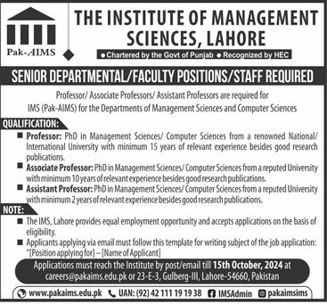 Institute of Management Science Lahore Jobs 2024 – Institute of Management Sciences Peshawar Jobs 2024 — original advertisement