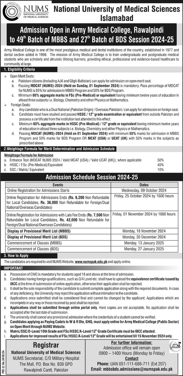 Admission Open in National University of Medical Sciences – National University of Medical Science NUMS Admissions 2024 — original advertisement