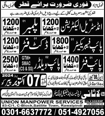 Plumber And Pipe Fitter Jobs in Saudia Arabia 2024 – Union Manpower Services Jobs 2024 — original advertisement