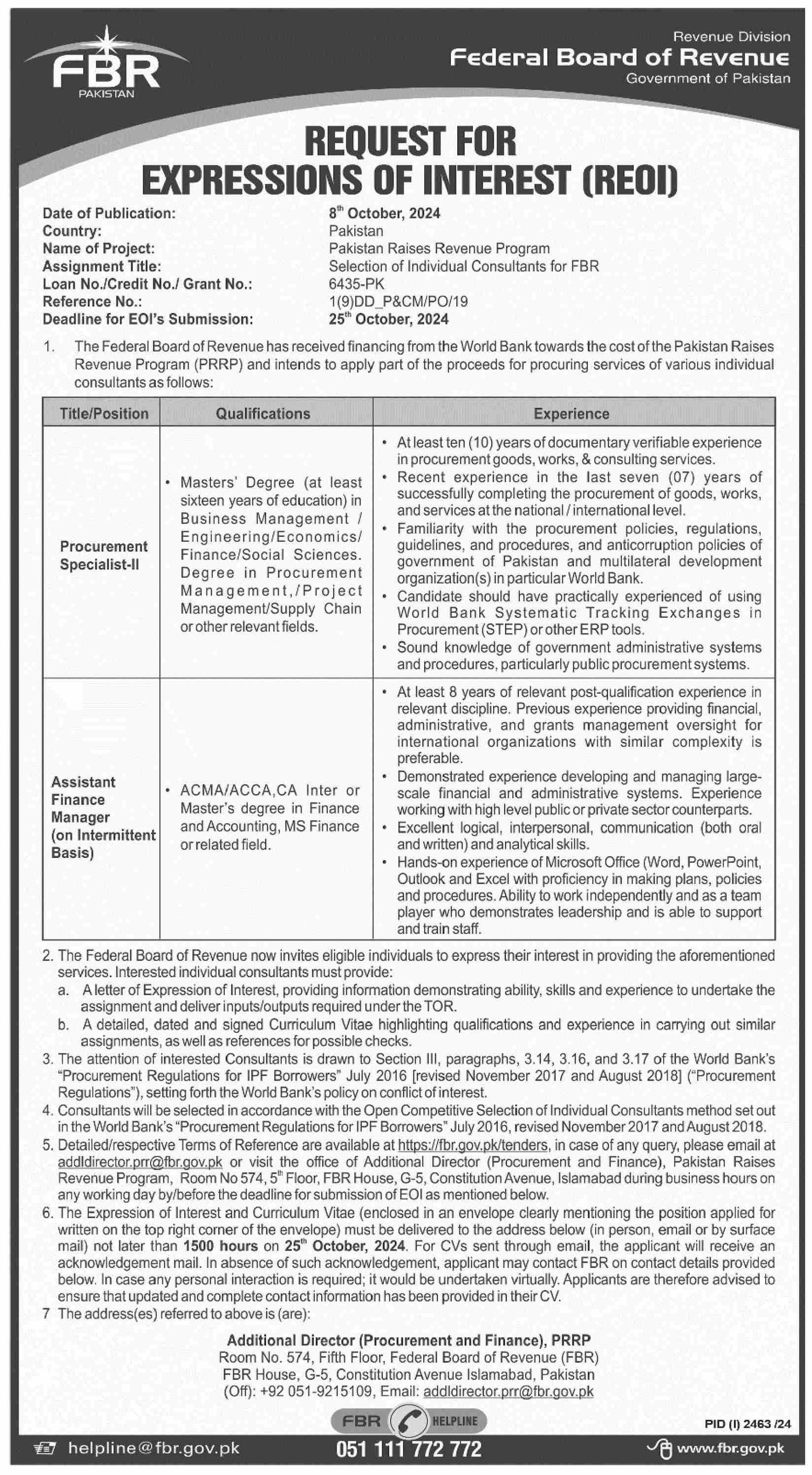 Federal Board of Revenue FBR Islamabad Jobs 2024 Jobs 2024 — original advertisement