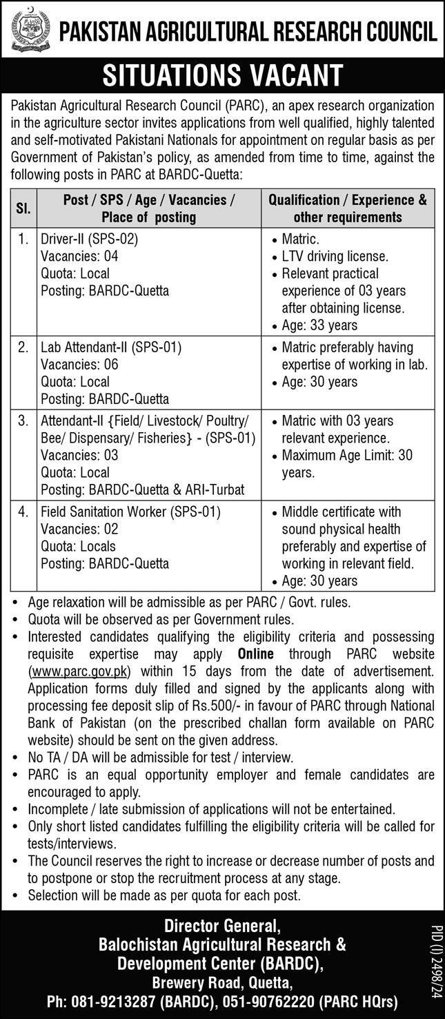 Pakistan Agricultural Research Council Quetta Jobs 2024 – Pakistan Agricultural Research Council Islamabad Jobs 2024 — original advertisement