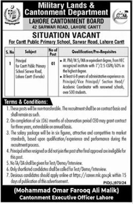 Cantt Public Primary School Lahore Jobs 2024 – Cantonment Board Jobs 2024 — original advertisement