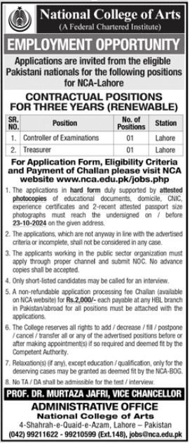 National College Of Arts NCA Lahore Jobs 2024 – National College of Arts, NCA Lahore Jobs 2024 — original advertisement