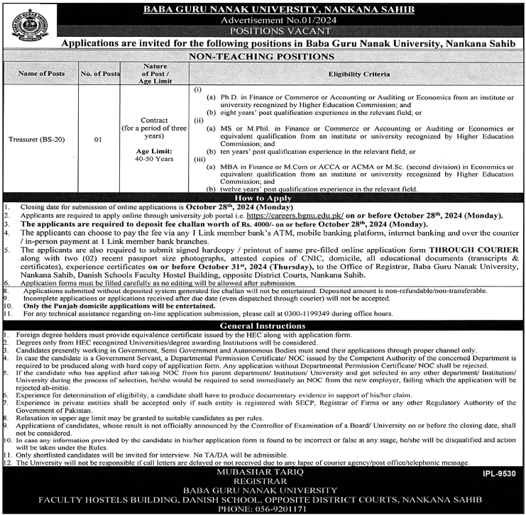 Baba Guru Nanak University Nankana Sahib Jobs 2024 Jobs 2024 — original advertisement