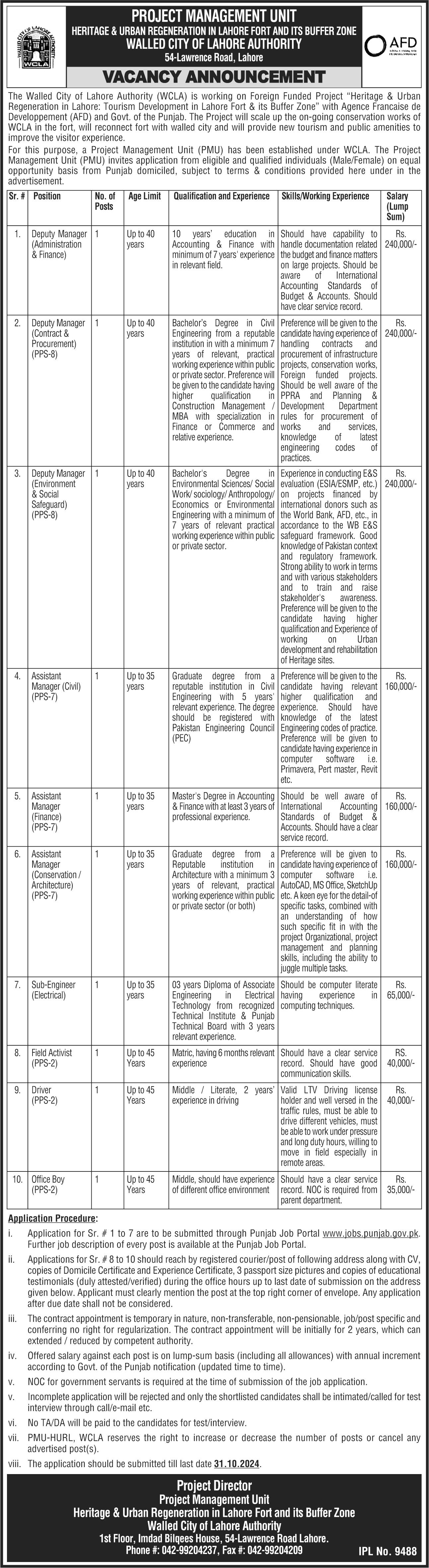 Walled City Of Lahore Authority WCLA Jobs 2024 – Walled City Of Lahore Authority WLCA Jobs 2024 — original advertisement