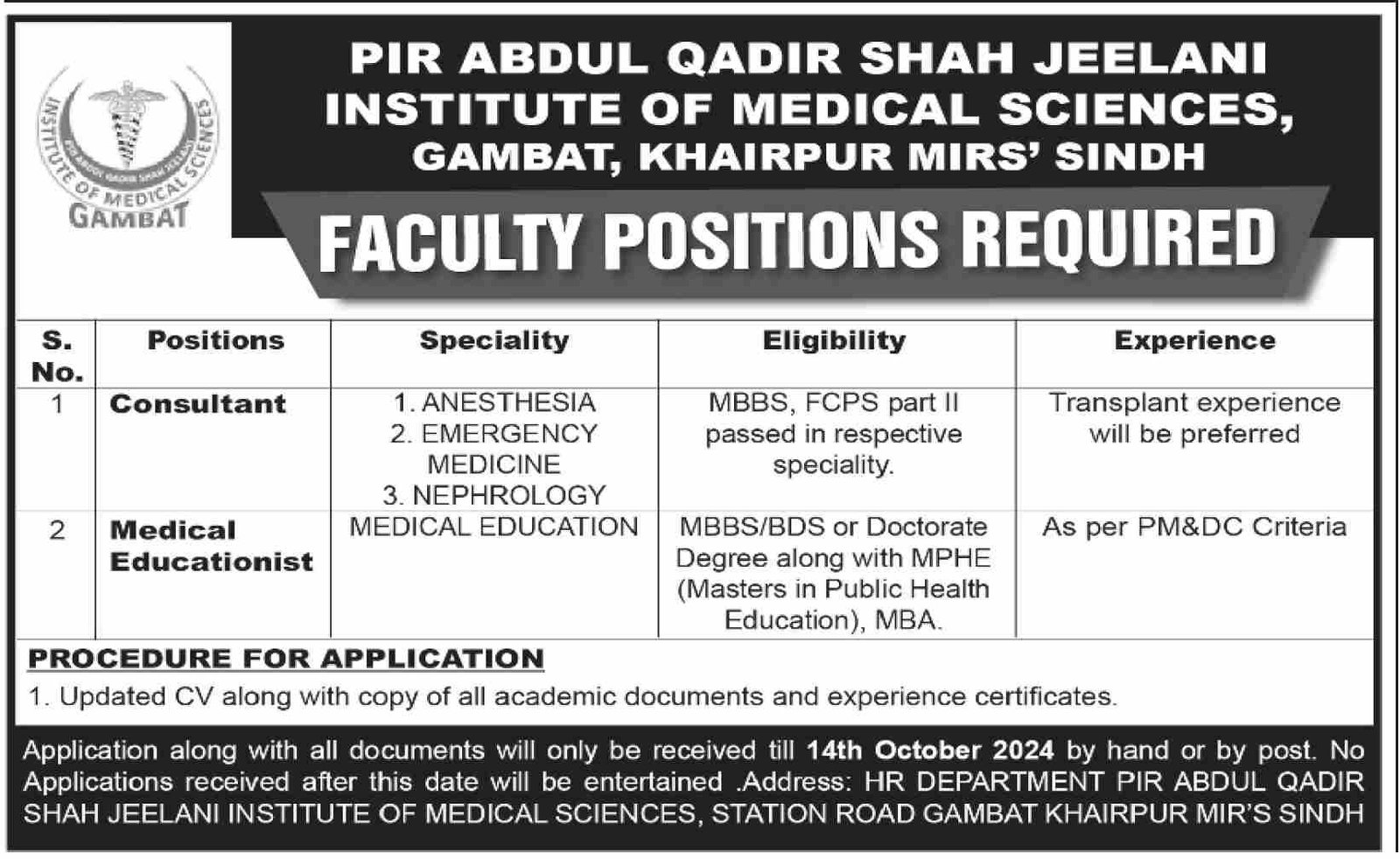 PAQSJ Institute Of Medical Science GAMBAT Faculty Jobs 2024 – pir abdul qadir jilani institute of medical science Jobs 2024 — original advertisement