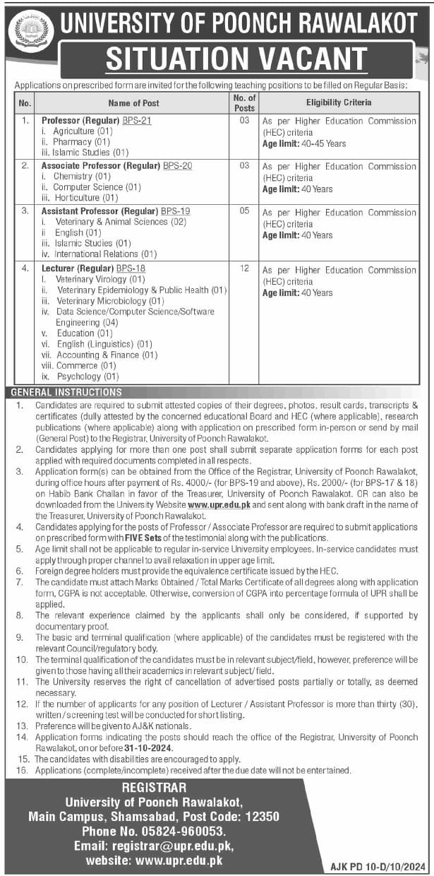 University Of Poonch Rawalakot Jobs 2024 Jobs 2024 — original advertisement