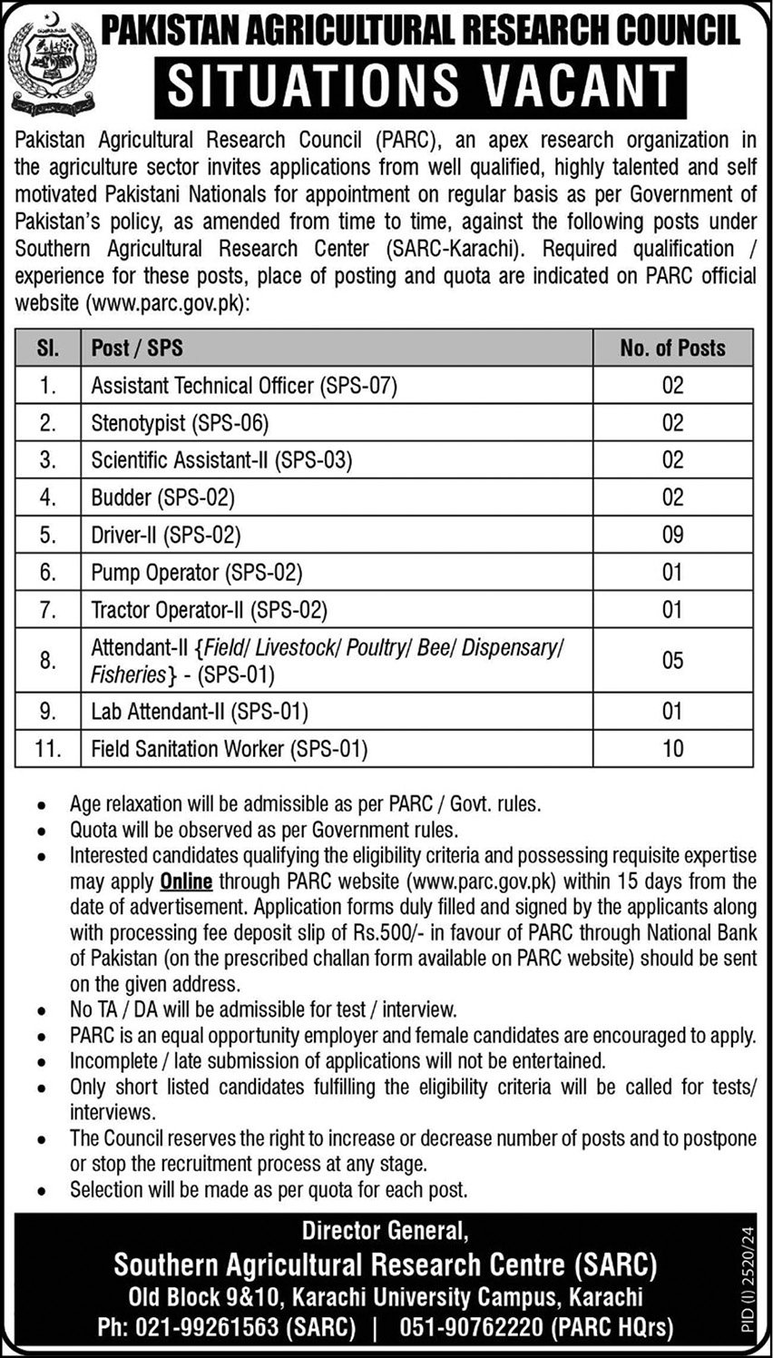 Pakistan Agricultural Research Council Karachi Jobs 2024 – Pakistan Agricultural Research Council Islamabad Jobs 2024 — original advertisement