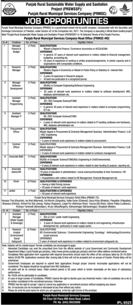 Punjab Rural Municipal Services Company Jobs 2024 – Punjab Rural Municipal Services Company PRMSC Jobs 2024 — original advertisement