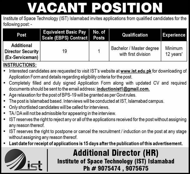 Institute of Space Technology Ist Islamabad Jobs 2024 – Institute of Space Technology ITS Islamabad Jobs 2024 — original advertisement
