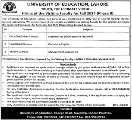 Visiting Faculty Jobs At University Of Education Jobs 2024 – University of Education Lahore Jobs 2024 — original advertisement