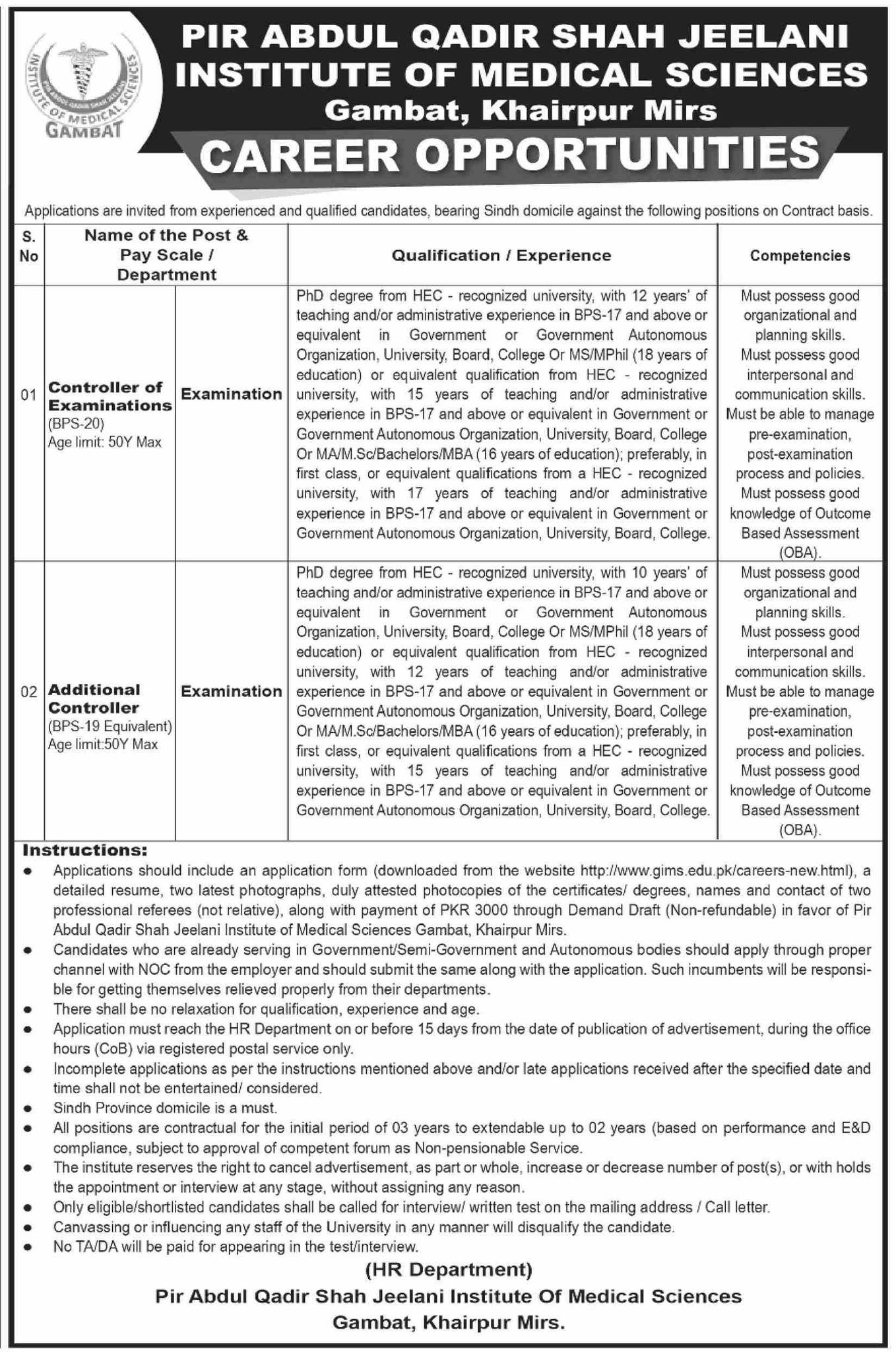 Pir Abdul Qadir Shah Jeelani Institute Jobs 2024 – pir abdul qadir jilani institute of medical science Jobs 2024 — original advertisement