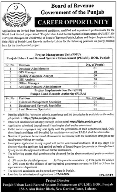 Board Of Revenue Punjab Jobs 2024 – Revenue Department Punjab Jobs 2024 — original advertisement