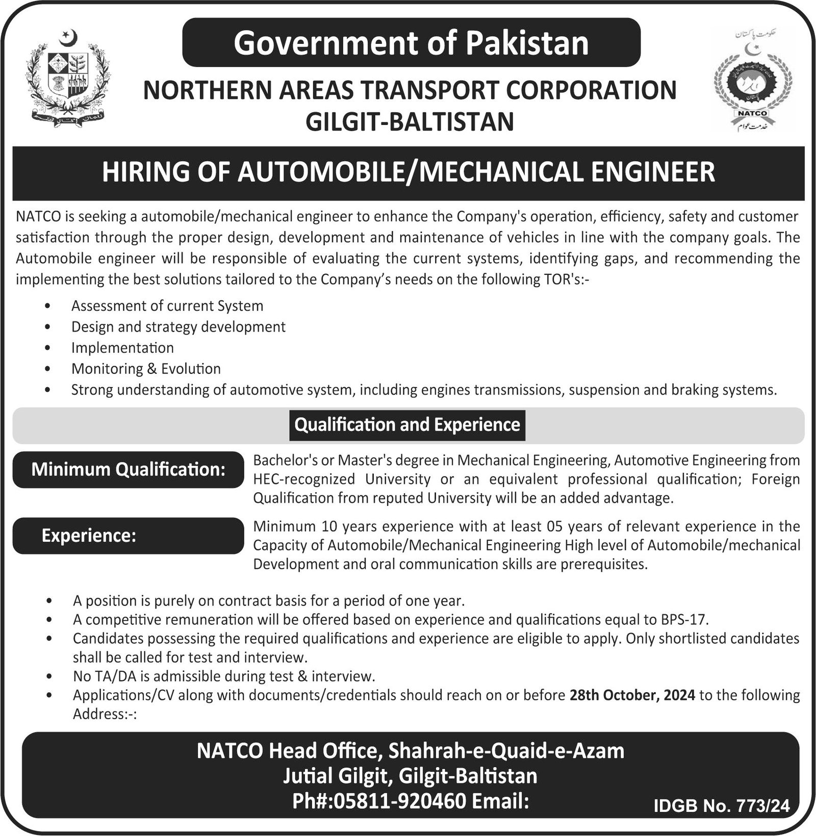 Northern Areas Transport Corporation NATCO Jobs 2024 – Government of Gilgit-Baltistan Jobs 2024 — original advertisement