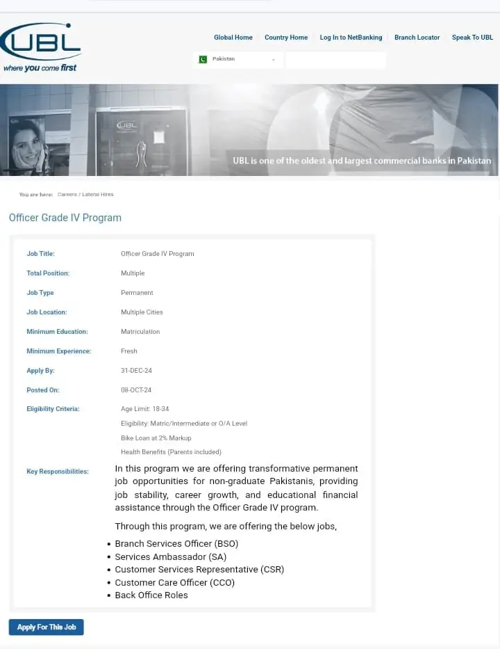 UBL Grade IV Balochistan Jobs 2024 – United Bank Limited Jobs 2024 — original advertisement