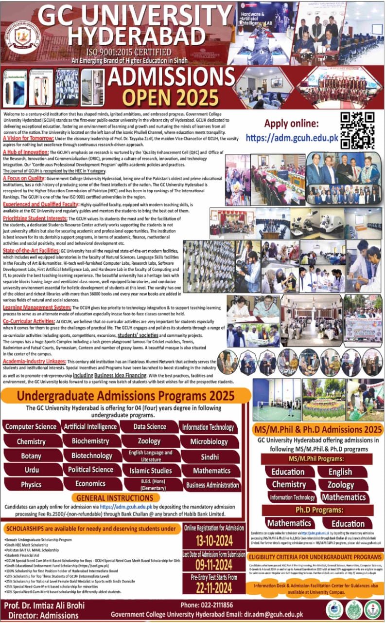 Admission Open in Government University Hyderabad 2024 – Government College University Hyderabad Admissions 2024 — original advertisement