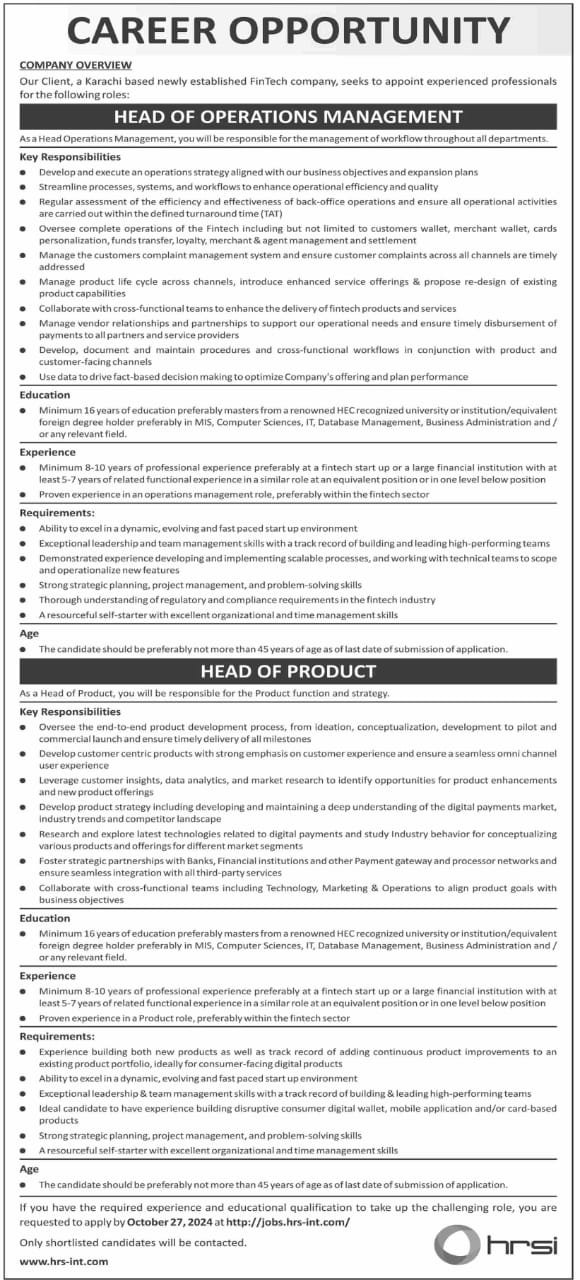 Human Resource Solution International HRSI Jobs – HRSG People and Business karachi Jobs 2024 — original advertisement