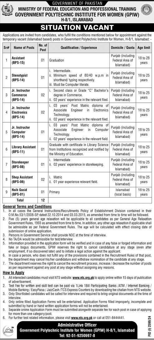Government Polytechnic Institute For Women Jobs 2024 – Ministry of Federal Education and Professional Training Jobs 2024 — original advertisement