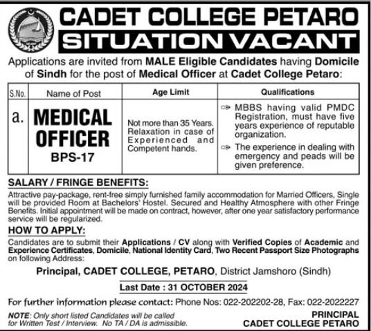 Cadet College Petaro Jamshoro Jobs 2024 Jobs 2024 — original advertisement