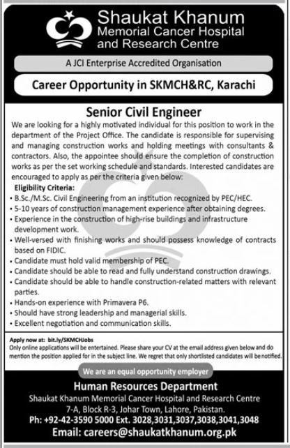 Shaukat Khanum Hospital Karachi Jobs 2024 – Shaukat Khanum Memorial Cancer Hospital and Research Centre Jobs 2024 — original advertisement