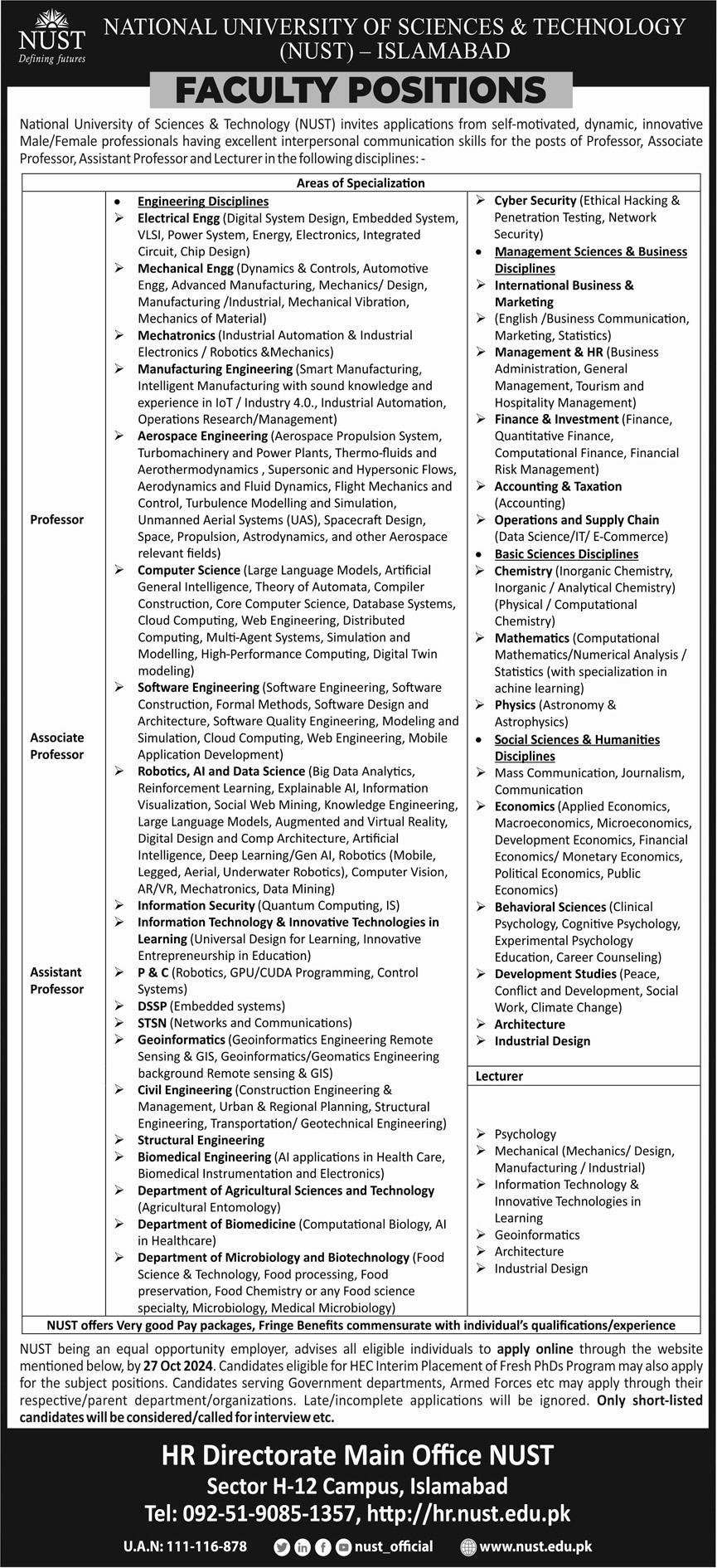 National University of Sciences & Technology Islamabad Jobs – National University of Science & Technology Islamabad Jobs 2024 — original advertisement