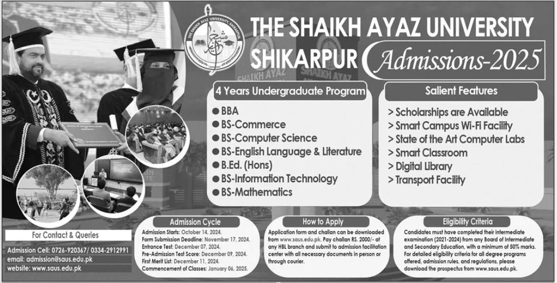 Admission Open in Shaikh Ayaz University Shikapur 2024 – Shaikh Ayaz University Shikarpur Admissions 2024 — original advertisement