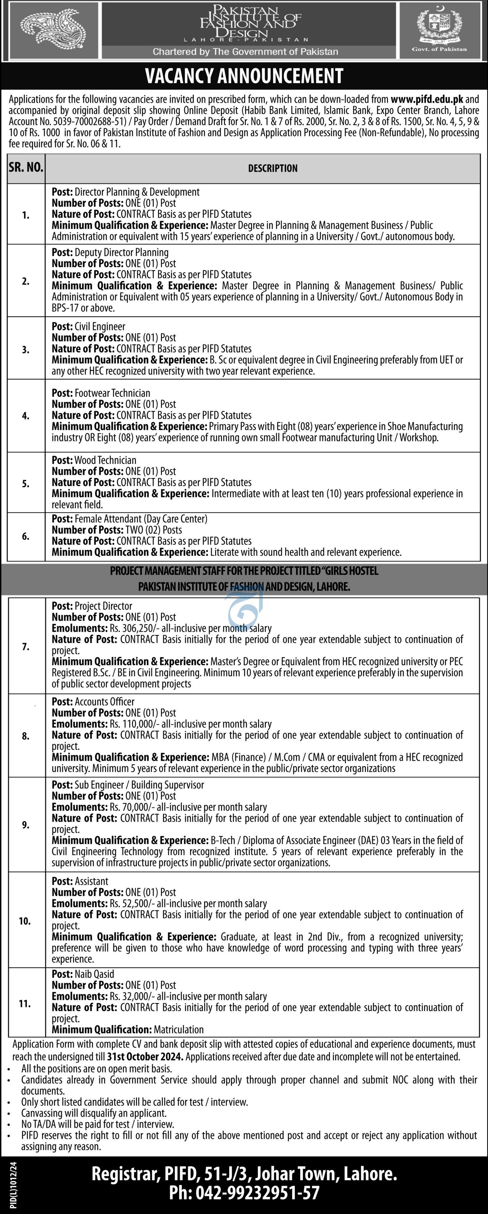 Pakistan Institute Of Fashion And Design Jobs 2024 – Pakistan Institute of Fashion and Design PIFD Lahore Jobs 2024 — original advertisement