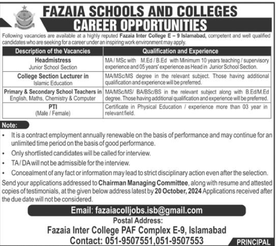 Fazaia Schools And Colleges Jobs 2024 – Fazaia Schools & Colleges Jobs 2024 — original advertisement