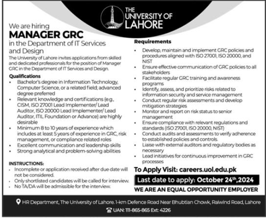 The University Of Lahore UOL Jobs 2024 Jobs 2024 — original advertisement