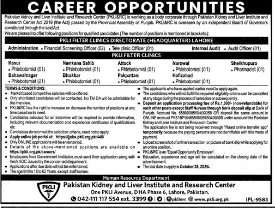 Pakistan Kidney & Liver Institute Jobs 2024 – Pakistan Kidney And Liver Institute (PKLI) And Research Centre Lahore Jobs 2024 — original advertisement