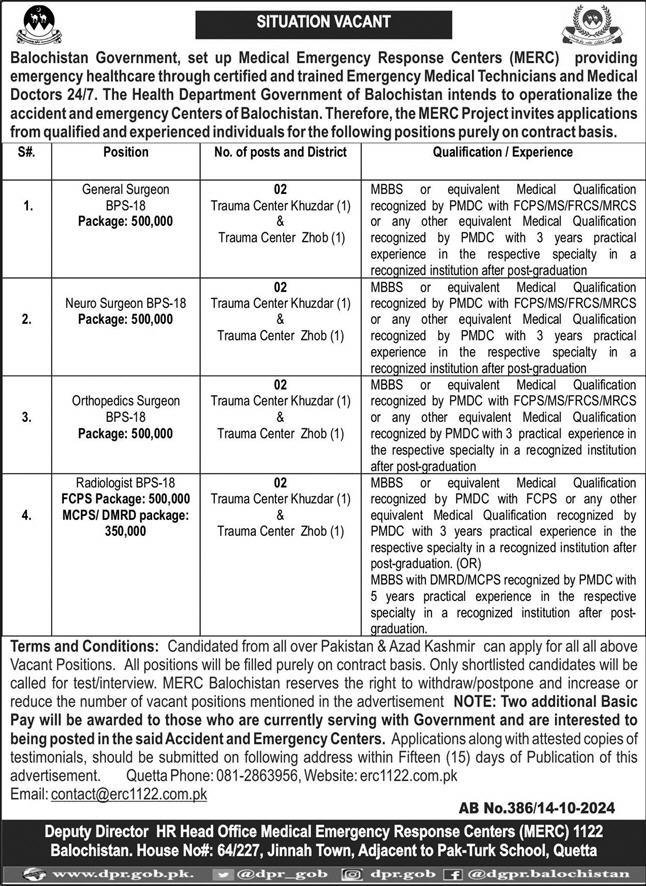 Medical Emergency Response Centers MERC Khuzdar Jobs 2024 – Medical Emergency Response Center Balochistan Jobs 2024 — original advertisement