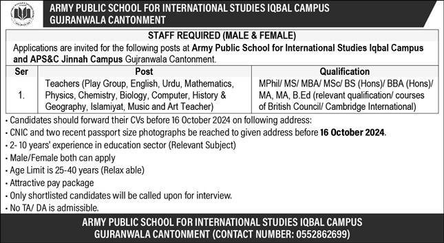 Army Public School Gujranwala Punjab Jobs 2024 – Army Public School & College Paksitan Jobs 2024 — original advertisement