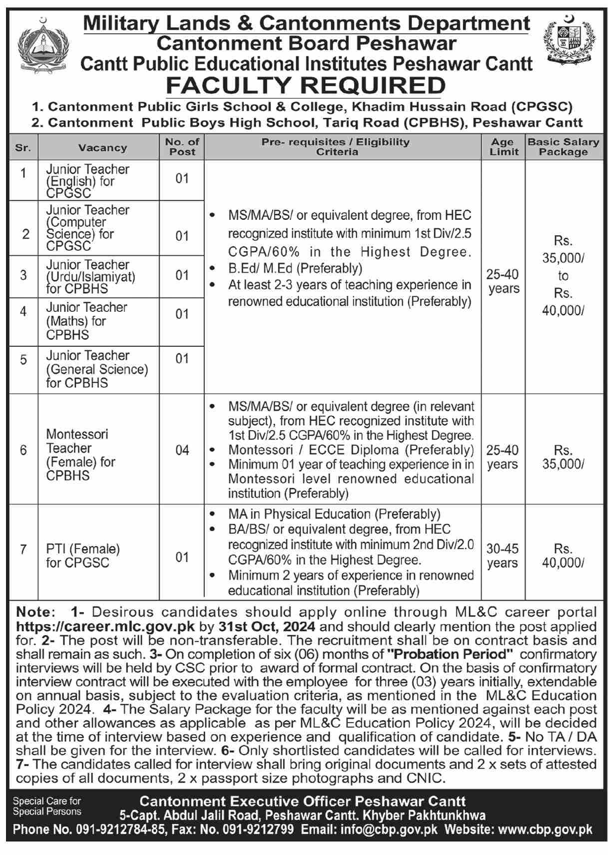 Cantt Public Educational Institutions Peshawar Jobs 2024 – Cantonment Board Jobs 2024 — original advertisement