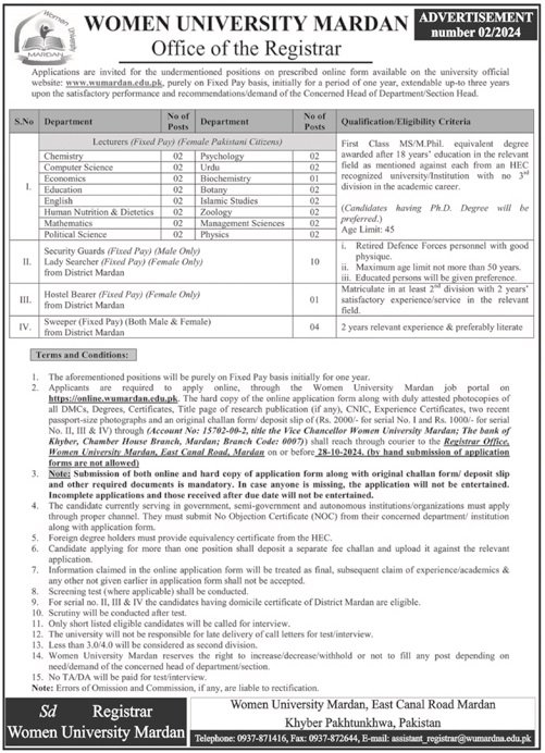 Women University Mardan Khyber Pakhtunkhwa Jobs 2024 – Women University Mardan Kpk Jobs 2024 — original advertisement