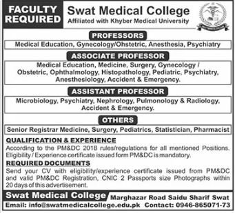 Faculty Required At Swat Medical College SMC 2024 – Swat Institute of Medical Sciences & Research Centre Jobs 2024 — original advertisement