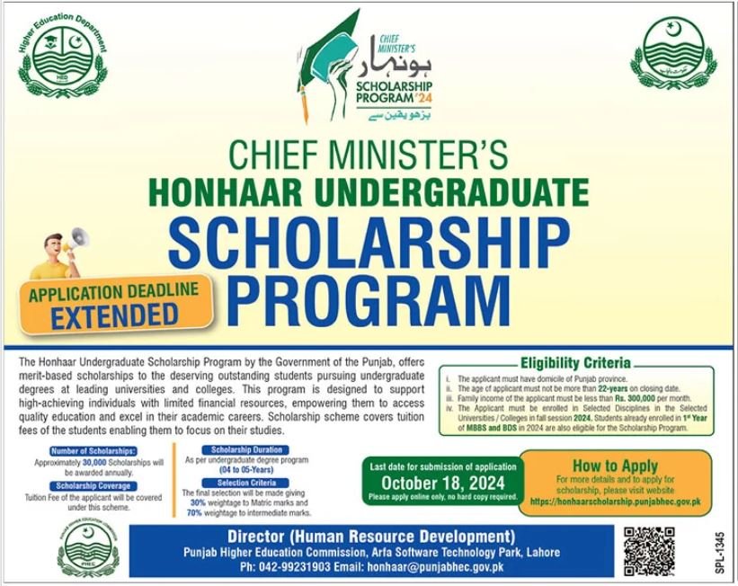 Chief Ministers Honhaar Undergraduate Schloraship Program – Punjab Higher Education Commission Jobs 2024 — original advertisement