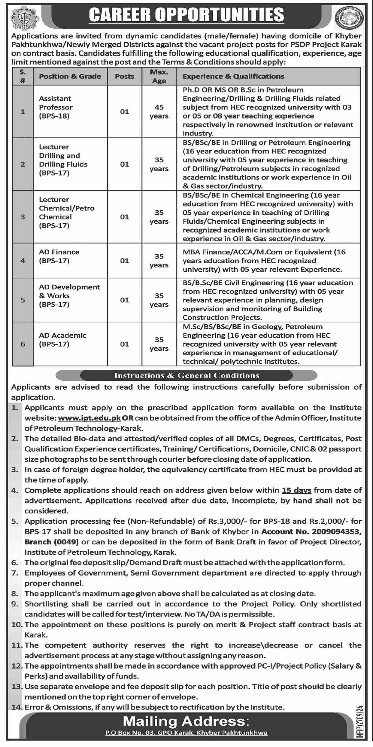 Institute of Petroleum Technology Karak Kpk Jobs 2024 – Institute of Petroleum Technology ( KARAK) Jobs 2024 — original advertisement