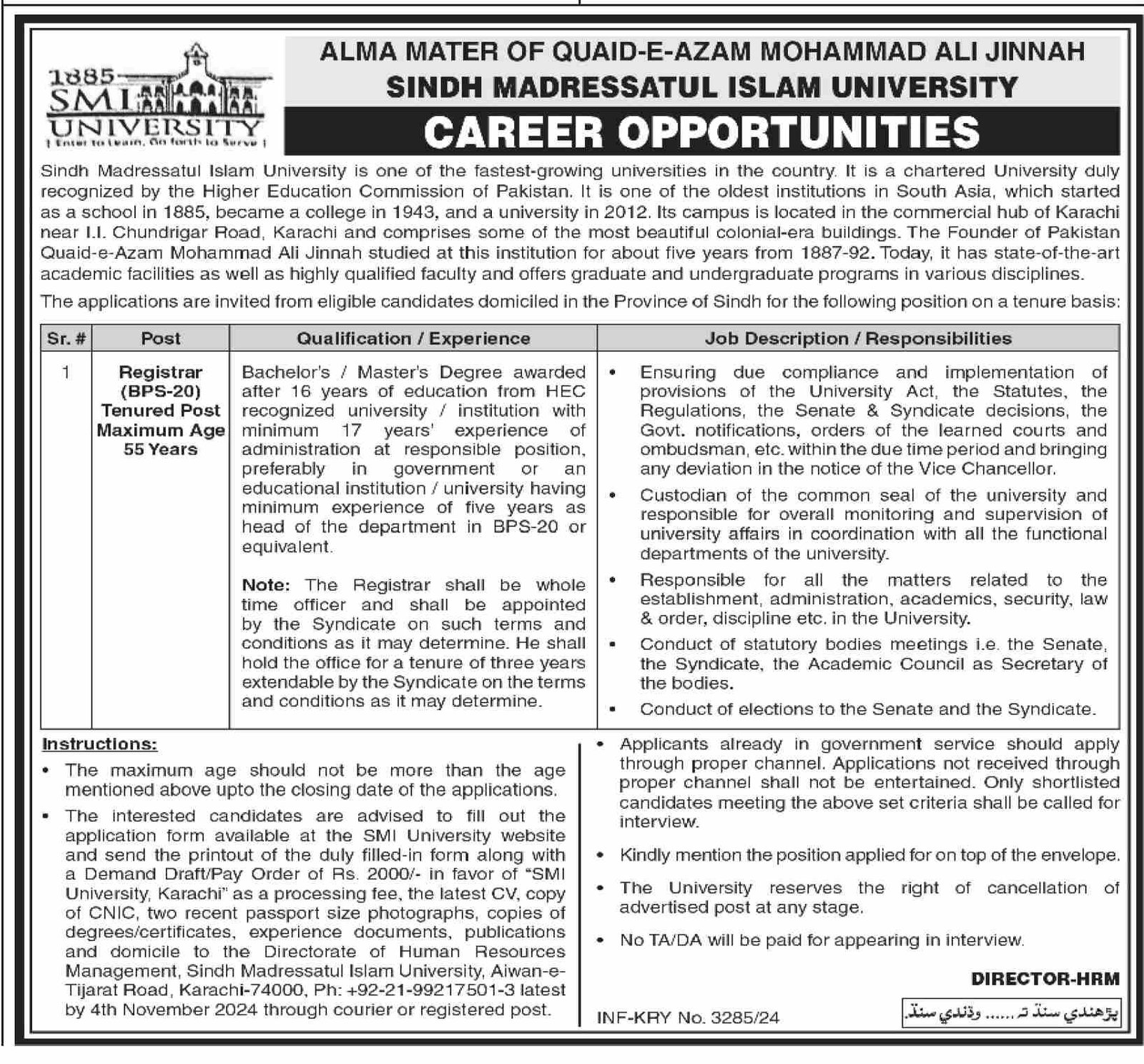 Sindh Madressatul Islam University Jobs 2024 – Sindh Madressatul Islam University Karachi Jobs 2024 — original advertisement