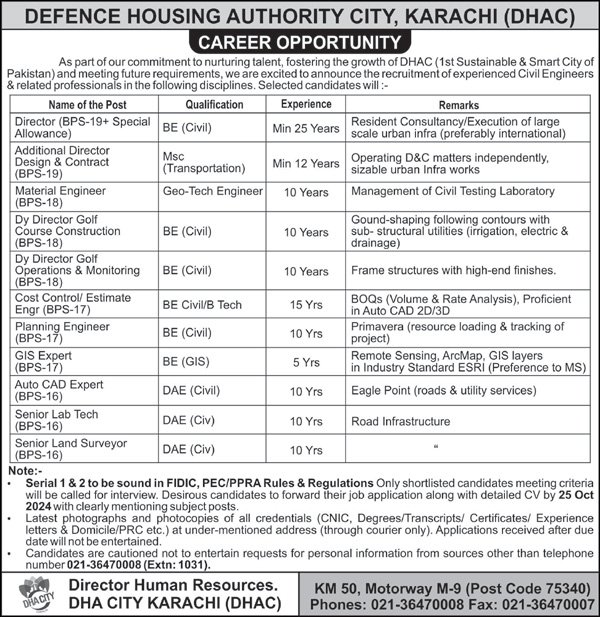 Defence Housing Authority DHA Karachi Jobs 2024 Jobs 2024 — original advertisement