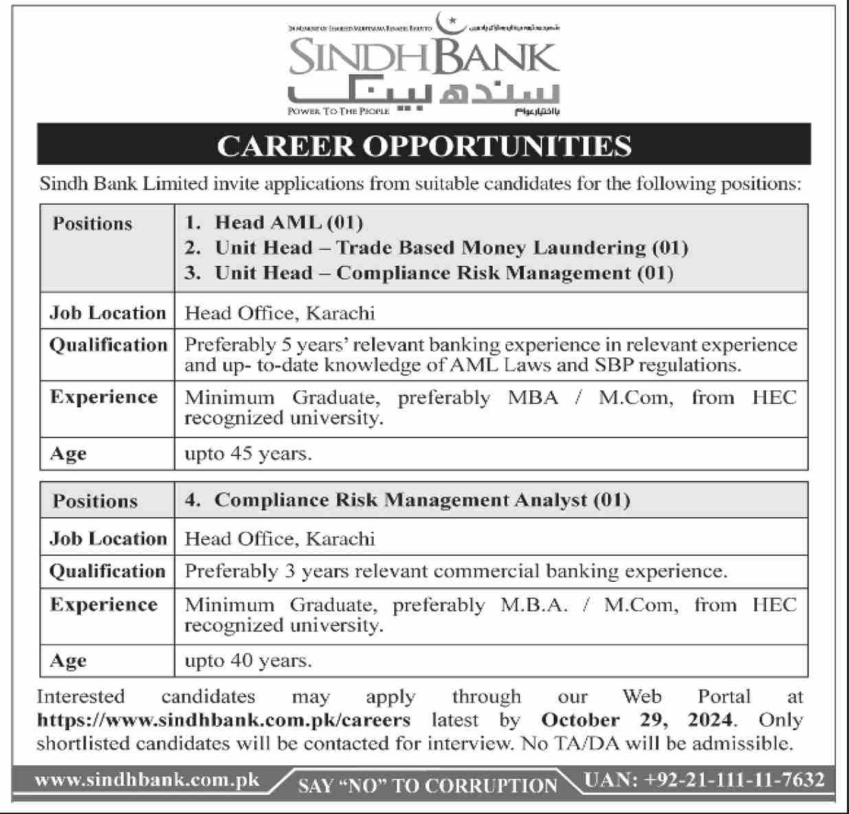 Sindh Bank Limited Karachi Jobs 2024 Jobs 2024 — original advertisement