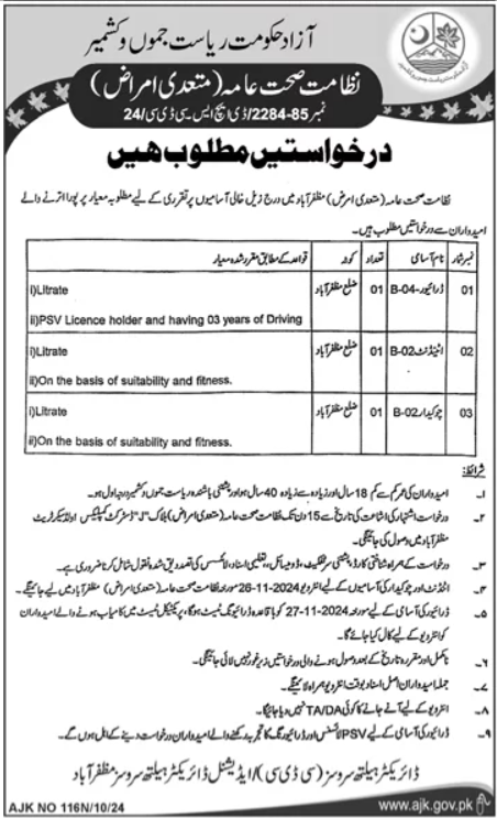 Public Health Department AJK Jobs 2024 – Health Department Azad Jammu Kashmir Jobs 2024 — original advertisement