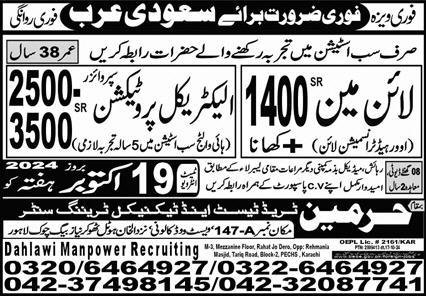 Electrical Protection Supervisor & Lineman Jobs 2024 – Harmain Trade Test & Technical Training Center Jobs 2024 — original advertisement