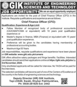 GIK Institute Of Engineering Sciences Swabi Jobs 2024 – Ghulam Ishaq Khan GIK Institute of Engineering Sciences and Technology Swabi Jobs 2024 — original advertisement