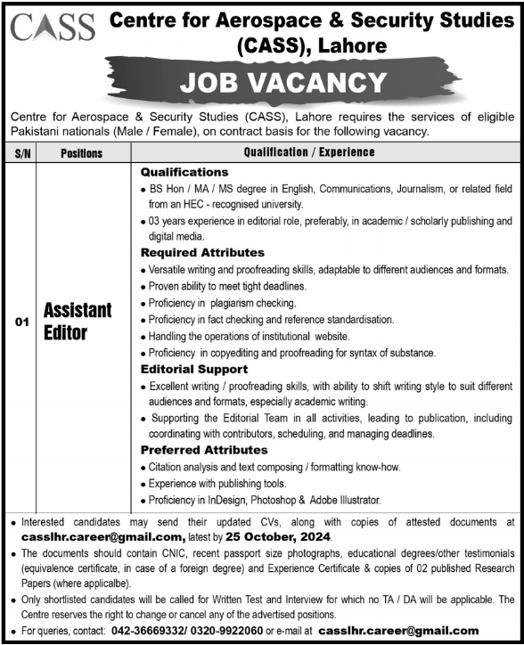 Centre For Aerospace & Security Studies CASS Jobs 2024 Jobs 2024 — original advertisement