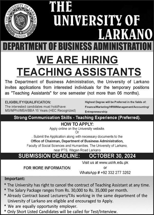 The University Of Larkano Jobs 2024 Jobs 2024 — original advertisement
