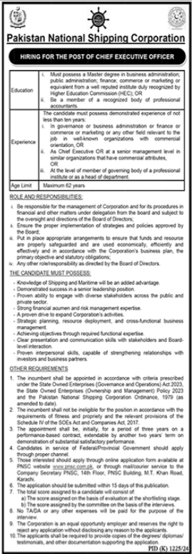 Pakistan National Shipping Corporation Jobs 2024 – Pakistan National Shipping Corporation Karachi Jobs 2024 — original advertisement
